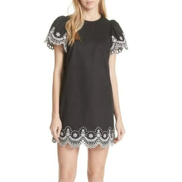 Kate Spade Black Floral Embroidered Cotton Shift Mini Dress Small Short Sleeve - Picture 7 of 7